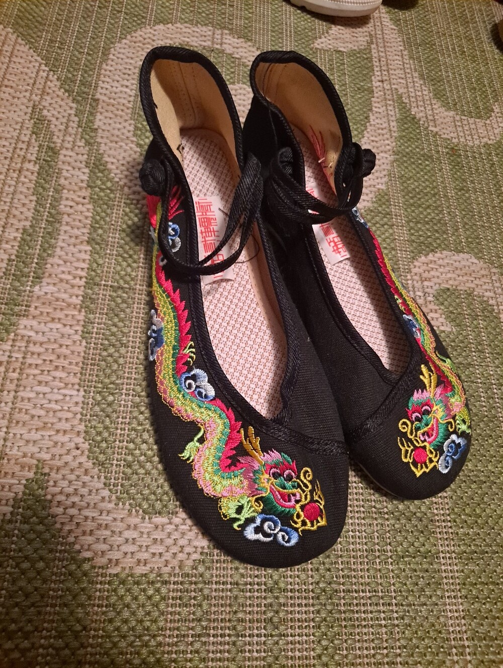 Black Embroidered Dragon Ballet Flats with Ankle Tie